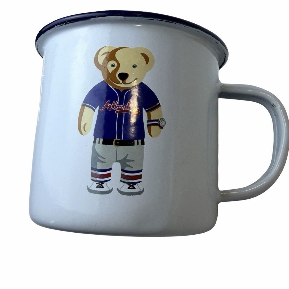 Atlanta Braves Oris Teddy Bear White Enamel Mug Coffee Cup Small 2023